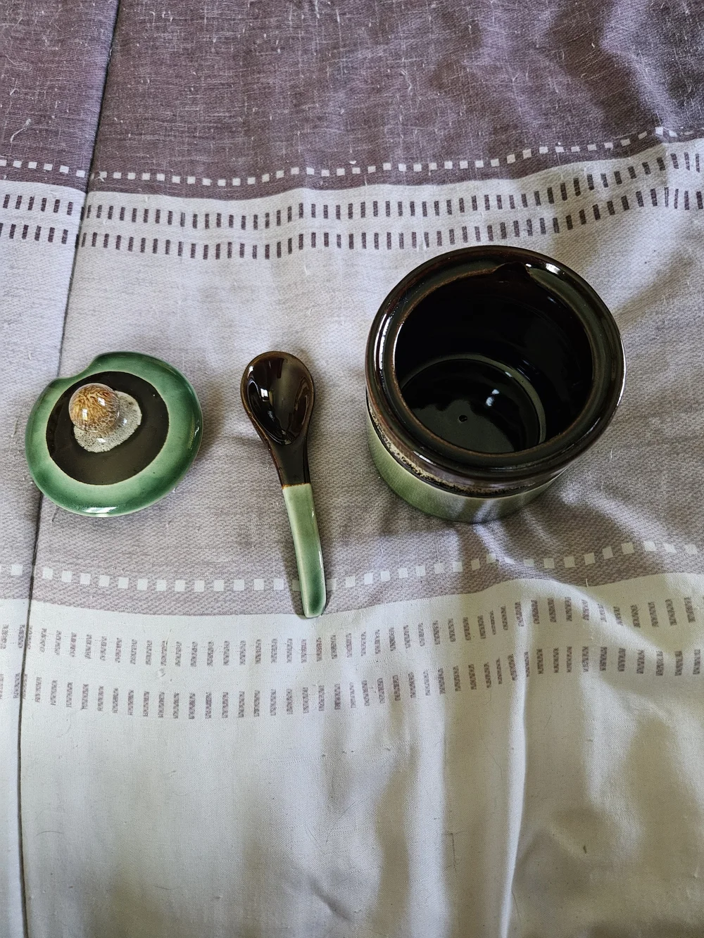 Green Ceramic Lidded Sugar, Honey Jar with Spoon